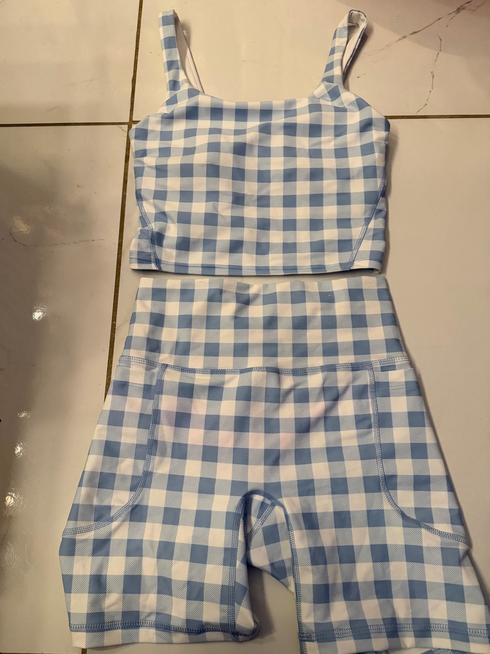 Old Navy Light Blue Gingham Cropped Tank & Bike Shorts Set